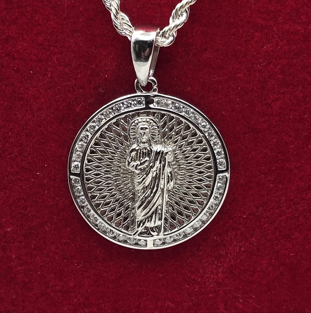Sterling Silver 925 Holy Saint Moissanite Medallion Pendant